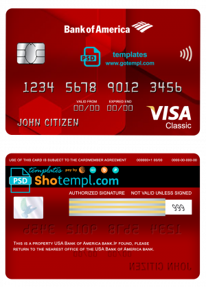 editable template, USA Bank of America bank visa classic card fully editable template in PSD format