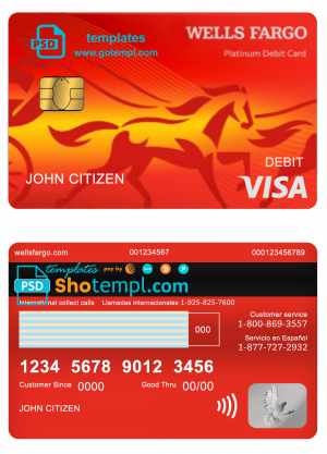editable template, USA Wells Fargo bank visa debit card template in PSD format, version 2