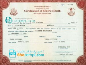 editable template, USA certification of report of birth Washington certificate template in PSD format, fully editable