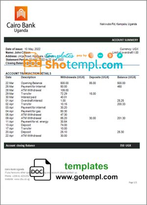 editable template, Uganda Cairo bank statement template in Word and PDF format