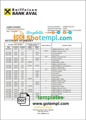 editable template, Ukraine Raiffeisen Bank statement template, Word and PDF format (.doc and .pdf)