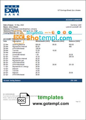 editable template, Ukraine Ukreximbank Bank statement template, Word and PDF format (.doc and .pdf)