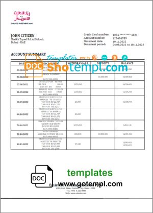 editable template, United Arab Emirates Investment Bank statement template in Word and PDF format