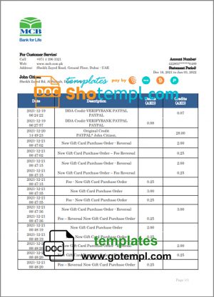 editable template, United Arab Emirates MCB bank statement template in Word and PDF format