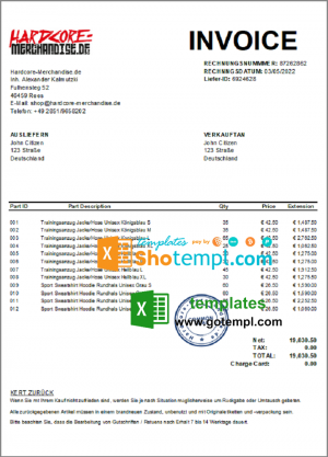 editable template, Germany Hardcore Merchandise invoice template in Excel and PDF format