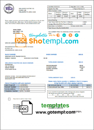 editable template, USA Pennsylvania Wellsboro Electric utility bill template in Word and PDF format