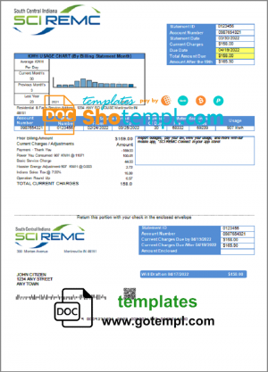 editable template, USA Indiana SCI REMC utility bill template in Word and PDF format