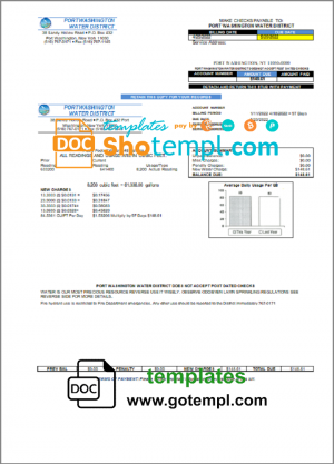 editable template, USA New York Port Washington Water District utility bill template in Word and PDF format