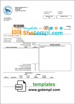 editable template, USA Nevada Orono The Lakehore City utility bill template in Word and PDF format