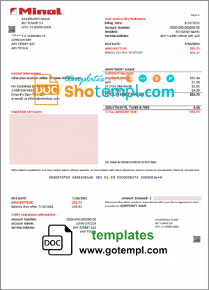 editable template, USA Texas  Minol utility bill template in Word and PDF format