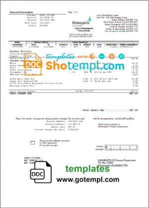 editable template, USA Minnesota Minneapolis City of Lakes utility bill template in Word and PDF format
