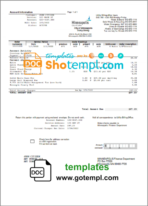 editable template, USA Minnesota Minneapolis City of Lakes utility bill template in Word and PDF format