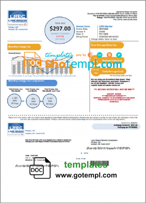 editable template, USA Oklahoma LREC Lake Region utility bill template in Word and PDF format