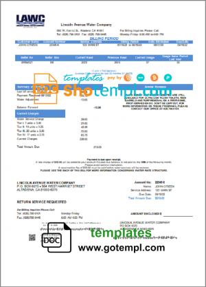 editable template, USA California Lincoln Avenue Water Company utility bill template in Word and PDF format
