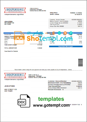 editable template, USA Missouri Independence Utilities utility bill template in Word and PDF format