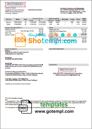 editable template, USA Missouri Independence Utilities utility bill template in Word and PDF format, version 2