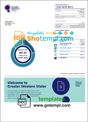 editable template, Australia Greater Western Water utility bill template in Word and PDF format