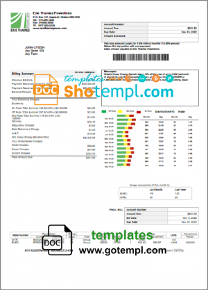 editable template, USA Ontario Erie Thames utility bill template in Word and PDF format