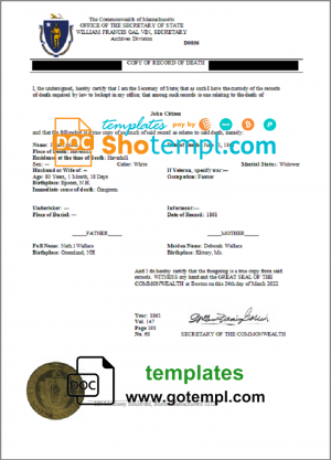 editable template, USA Massachussetts Death Certificate statement template in Word and PDF format