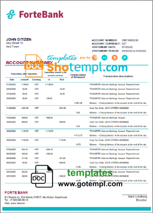 editable template, Kazakhstan Forte bank statement template in Word and PDF format
