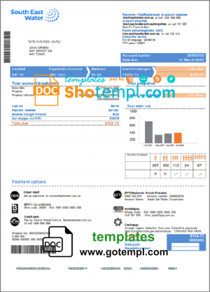 editable template, Australia South East Water utility bill template in Word and PDF format