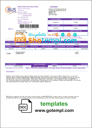 editable template, Belize Water Services Limited utility bill template in Word and PDF format