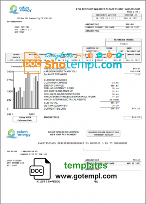 editable template, Canada Yukon Energy utility bill template in Word and PDF format