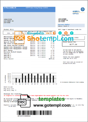editable template, Hong Kong CLP Power Hong Kong Limited utility bill template in Word and PDF format