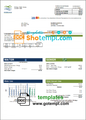 editable template, USA California Padredam utility bill template in Word and PDF format