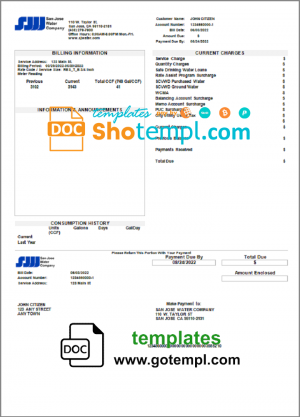 editable template, USA California San Jose Water utility bill template in Word and PDF format