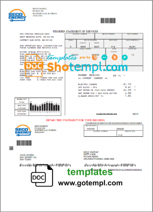 editable template, USA Florida Seco Energy utility bill template in Word and PDF format