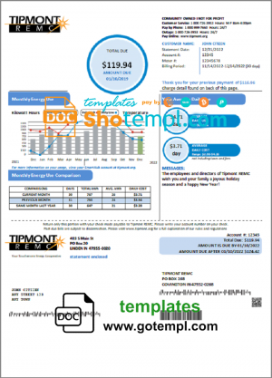 editable template, USA Indiana Tipmont utility bill template in Word and PDF format