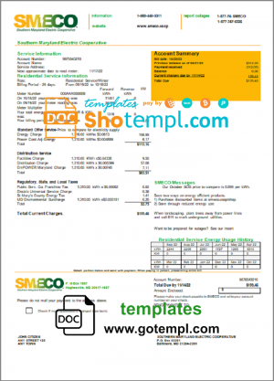 editable template, USA Maryland SMECO utility bill template in Word and PDF format