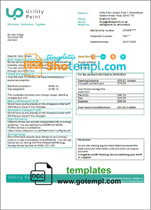editable template, United Kingdom Utility Point utility bill template in Word and PDF format