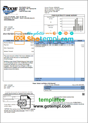 editable template, USA Mississippi Dixie Electric utility bill template in Word and PDF format