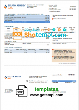 editable template, USA New Jersey South Jersey Gas utility bill template in Word and PDF format