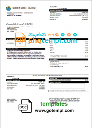 editable template, USA North Carolina Woodfin Sanitary Water & Sewer District utility bill template in Word and PDF format