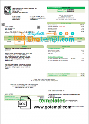 editable template, USA Ohio Lorain-Medina Rural Electric utility bill template in Word and PDF format