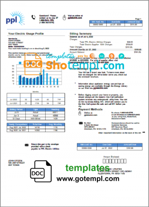 editable template, USA Philadelphia PPL utility bill template in Word and PDF format