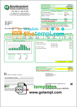 editable template, USA South Dakota Southeastern Electric utility bill template in Word and PDF format