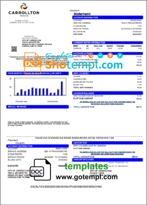 editable template, USA Texas Carrollton utility bill template in Word and PDF format