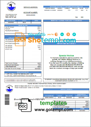 editable template, USA Texas City of Laredo Utilities Department water utility bill template in Word and PDF format