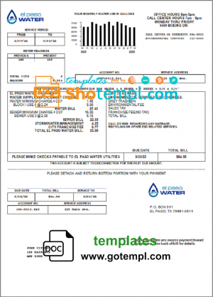 editable template, USA Texas El Paso Water utility bill template in Word and PDF format