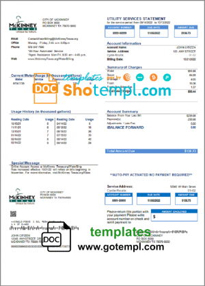 editable template, USA Texas McKinney utility bill template in Word and PDF format