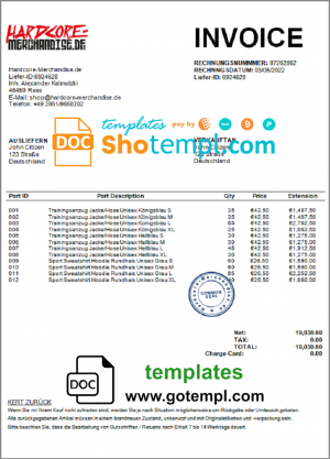 editable template, Germany Hardcore Merchandise invoice template in Word and PDF format