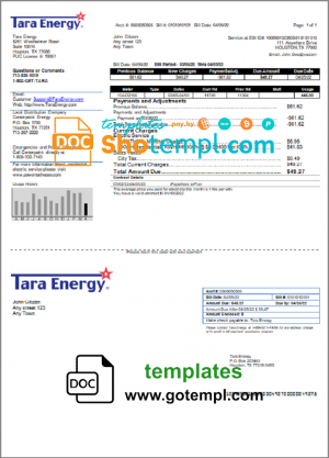 editable template, USA Texas Tara Energy utility bill template in Word and PDF format