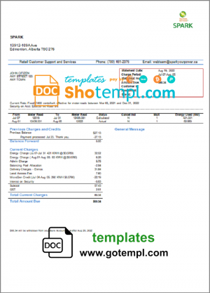 editable template, Canada Alberta Spark utility bill template in Word and PDF format