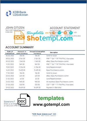 editable template, Uzbekistan KDB Bank statement template in Word and PDF format