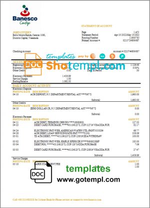 editable template, Venezuela Banesco bank statement template in Word and PDF format