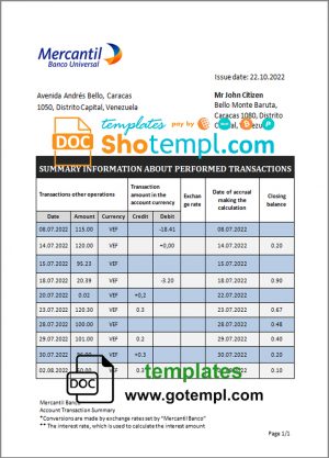 editable template, Venezuela Mercantil bank statement template in Word and PDF format